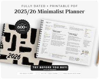 2025 2026 Minimalist Planner | Printable Small Landscape PDF | Daily Weekly Monthly Planner | DIY PDF Journal | 9x7 in | 2026 Planner