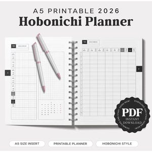 Afdrukbare A5 Hobonichi-dagplanner voor 2026: weekoverzicht, schema (pdf)