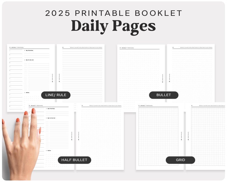 May include: Printable 2025 daily planner pages in four different styles: line/rule, bullet, half bullet, and grid.