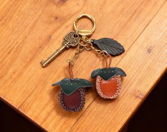 Portachiavi in pelle fatto a mano con cachi - Accessorio per borsa con ciondolo a forma di frutta