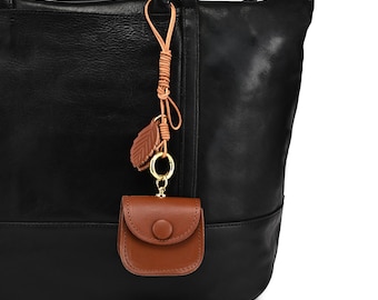 Mini borsa tote in pelle fatta a mano con ciondolo: portachiavi porta auricolari