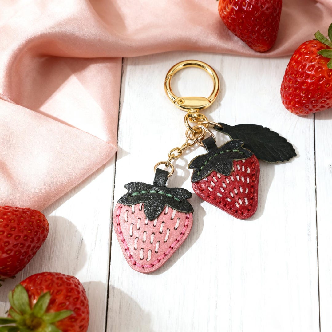 Leather Strawberry Keychain Handmade Fruit Charm Genuine Leather Bag ...