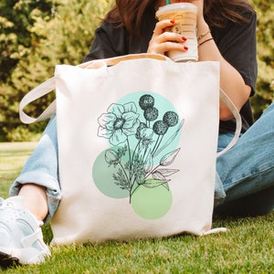 Floral Canvas Tote Bag, Flower Tote Bag, Reading Teacher Bag, Library Tote Bag, Birthday Gift Tote