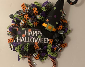 Halloween Witch Hat and Legs Deco Mesh Wreath