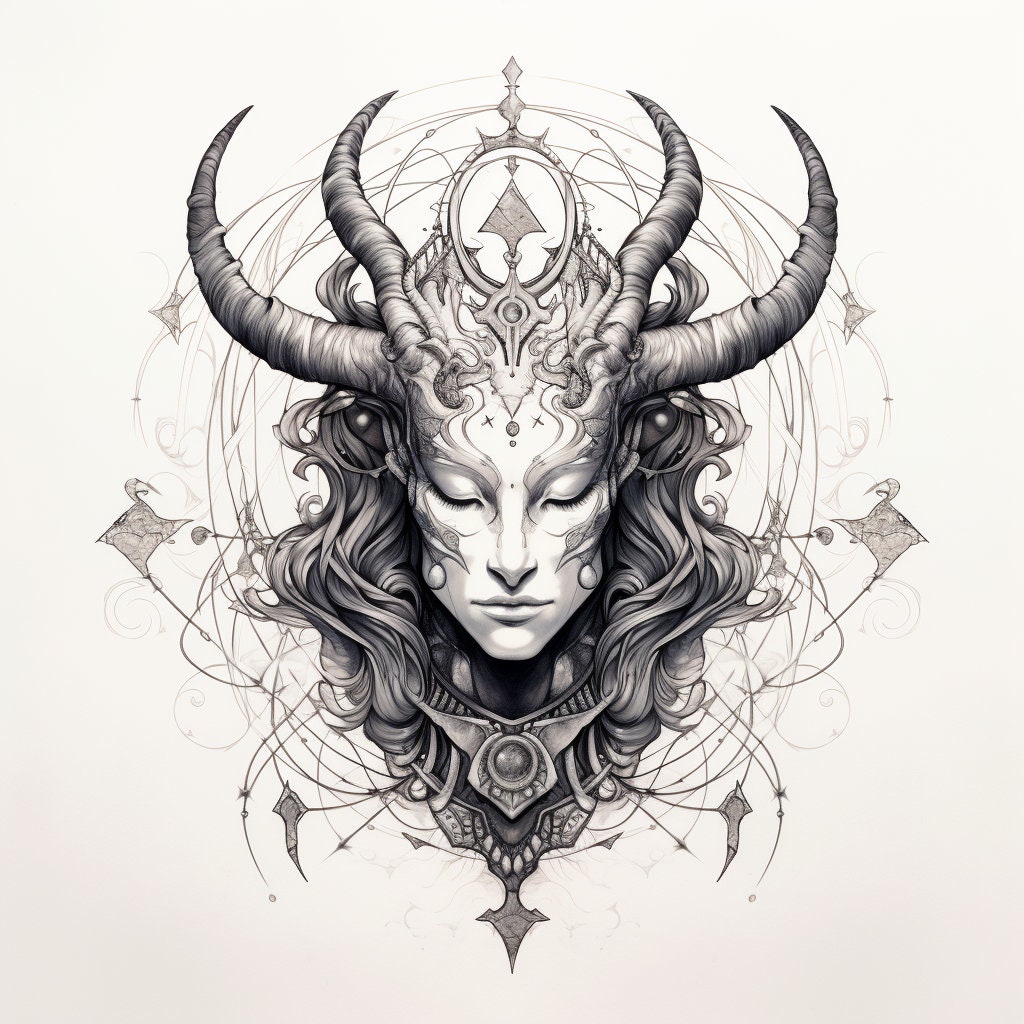 Horned Woman Tattoo Design Etsy