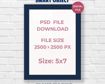 Makieta ściany z cegły w niebieskiej ramce 5x7 - Makieta pionowej ramki do wydruków - Mockup w formacie PSD - Pobieranie cyfrowe