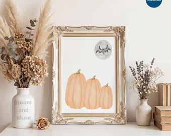 Dyniowy nietoperz do druku na ścianie – Jesienny nadruk Cottagecore – Wystrój domu w stylu wiejskim – Grafika na Halloween