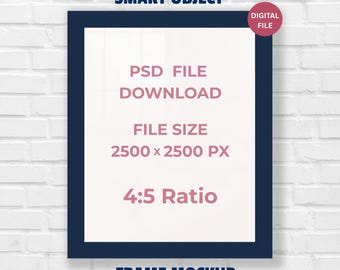 Makieta ramy 4:5 z niebieską ramą i ceglaną ścianą - Makieta ramy pionowej do wydruków - Mockup w formacie PSD - Pobieranie cyfrowe