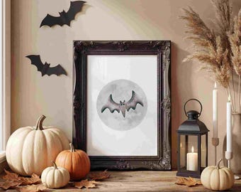 Halloweenowa grafika ścienna z nietoperzem – zabawny, upiorny wydruk akwarelowy – Moody Cottagecore Decor