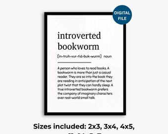 Introwertyczny mol książkowy – definicja do druku – minimalistyczna sztuka ścienna – wydruk dla miłośnika książek – pobranie cyfrowe