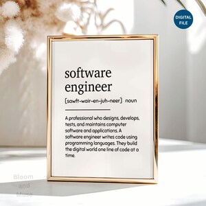 May include: A rectangular gold-toned frame containing a white print with black text defining the term software engineer. The text includes the phonetic pronunciation, the noun classification, and a descriptive paragraph about the profession.