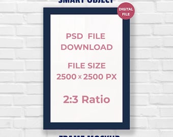 Makieta ściany z cegły w niebieskiej ramce 2:3 - Makieta pionowej ramki do wydruków - Mockup w formacie PSD - Pobieranie cyfrowe