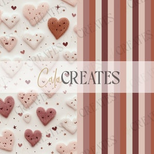 以下が含まれることがあります： 2つのデザインのデジタルペーパーパック。最初のデザインは、ピンクとブラウンのニットのハートとゴールドの星が散りばめられた白い背景です。2番目のデザインは、ピンク、ブラウン、ベージュの色の縦縞模様です。画像の中央には「Calla CREATES」というテキストがあります。