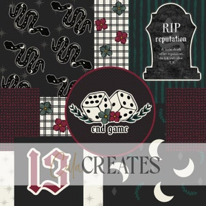 May include: A collage featuring various patterns and graphics. Includes a black and white snake pattern, floral designs, and a tombstone with the text "RIP reputation". A circular graphic displays dice and the words "end game". The number "13" is also present.