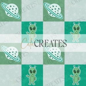 May include: A seamless pattern featuring green aliens with big eyes and a planet with hearts on a green and white checkered background.