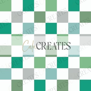May include: A white background with a green, gray, and blue checkered pattern. The text "Cala CREATES" is in the center of the image in gold lettering.