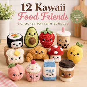 12 Kawaii Food Crochet Patterns Bundle, Mini Amigurumi Sushi, Avocado, Strawberry (PDF Download)
