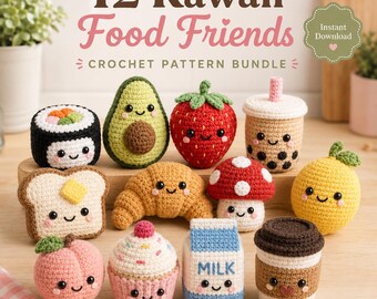 12 Kawaii Food Crochet Patterns Bundle, Mini Amigurumi Sushi, Avocado, Strawberry (PDF Download)