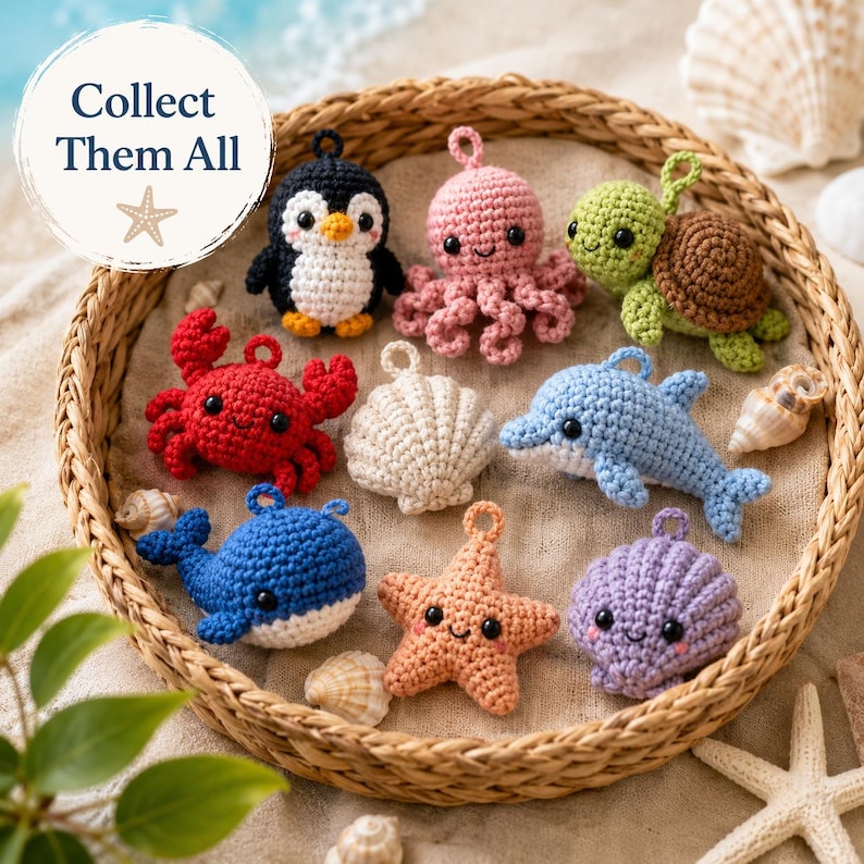 May include: A collection of small, crocheted stuffed animals and sea creatures including a penguin, octopus, turtle, crab, seashell, dolphin, whale, starfish, and purple shell. Each item has a loop for hanging and the text Collect Them All.