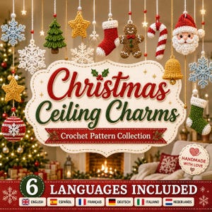 Op de afbeelding: Een verzameling gehaakte kerstornamenten waaronder sneeuwvlokken, een boom, een ster, een kous, een peperkoekmannetje, een zuurstok, een bel en een kerstmangezicht, rondom een bord met de tekst Christmas Ceiling Charms Crochet Pattern Collection.