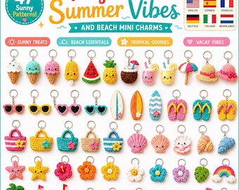 47 patrones de dijes de ganchillo para el verano, libro electrónico en PDF en 6 idiomas, llavero de playa amigurumi, términos estadounidenses