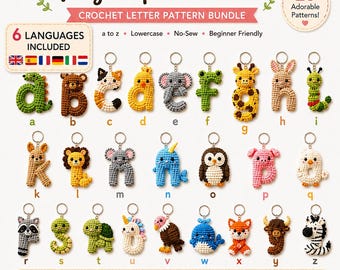 May include: A digital pattern bundle titled Tiny Alphabet Pals featuring 26 crochet letter designs shaped like animals. Each letter from a to z is represented by a colorful, small crocheted keychain character with detailed features and metal rings.