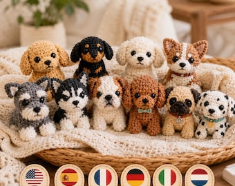 Mini-Welpen-Häkelmuster-Set: 10 Amigurumi-Hunde, 6 Sprachen, digitales PDF