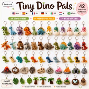 May include: A collection of 42 small, colourful crocheted keychains featuring various dinosaurs, prehistoric animals, plants, and geological elements. The image includes text labels such as Tiny Dino Pals and 42 Roarsome Patterns.
