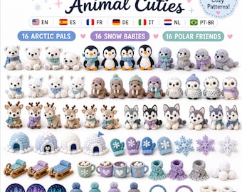 May include: A collection of 48 crochet patterns titled Baby Arctic Animal Cuties, featuring small amigurumi figures including polar bears, penguins, seals, walruses, owls, reindeer, huskies, igloos, mittens, snowflakes, sleds, mugs, hats, and boots.