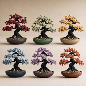 May include: Six miniature bonsai trees with black textured trunks and colourful foliage in red, green, yellow, blue, purple, and orange. Each tree is planted in a ceramic pot. The bonsai trees are arranged in two rows of three.