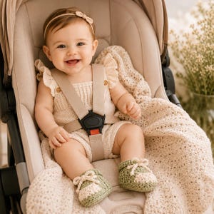 May include: A baby wearing a beige knit romper with ruffled sleeves and a matching headband, paired with sage green and cream crocheted booties. The baby is secured in a beige stroller with a safety harness and is wrapped in a cream knit blanket.