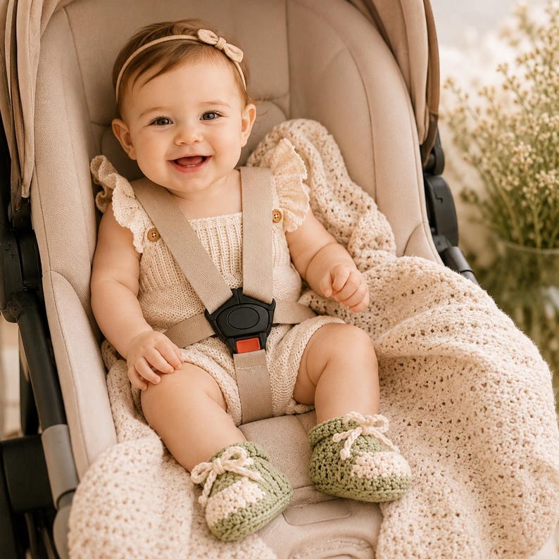 May include: A baby wearing a beige knit romper with ruffled sleeves and a matching headband, paired with sage green and cream crocheted booties. The baby is secured in a beige stroller with a safety harness and is wrapped in a cream knit blanket.