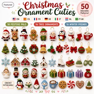 Può includere: Una collezione di 50 schemi all'uncinetto per decorazioni natalizie con personaggi festivi, alberi e oggetti invernali. L'immagine mostra vari piccoli motivi colorati fatti a mano, tra cui Babbo Natale, pupazzi di neve, regali e fiocchi di neve.
