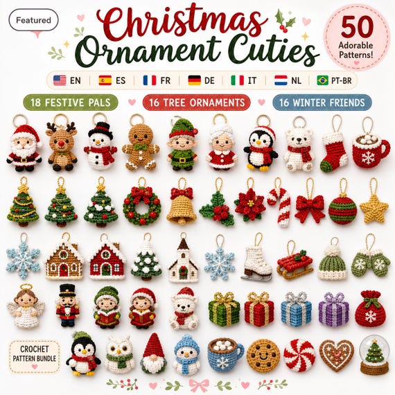 50 Christmas Crochet Ornament Patterns Bundle, Amigurumi PDF, Mini Holiday Decorations, 7 Languages