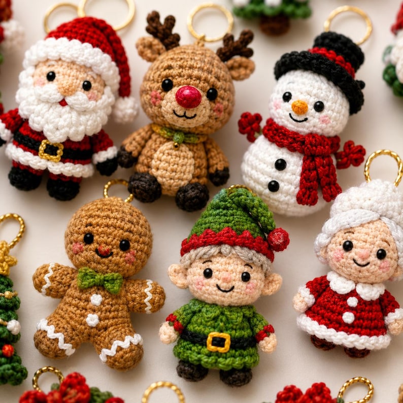 May include: A collection of six crocheted Christmas-themed keychains featuring Santa Claus, a reindeer with a red nose, a snowman with a black hat and red scarf, a gingerbread person, an elf in a green outfit, and Mrs. Claus in a red dress.