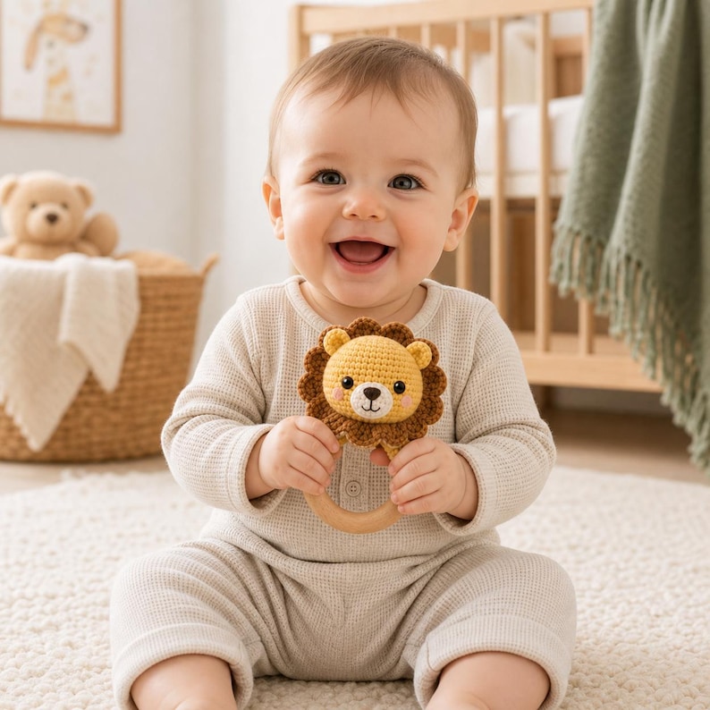 May include: A smiling baby holds a crochet lion rattle with a wooden ring. The rattle features a yellow mane, a tan face, and a black nose and eyes. The baby is wearing a beige waffle-knit onesie.