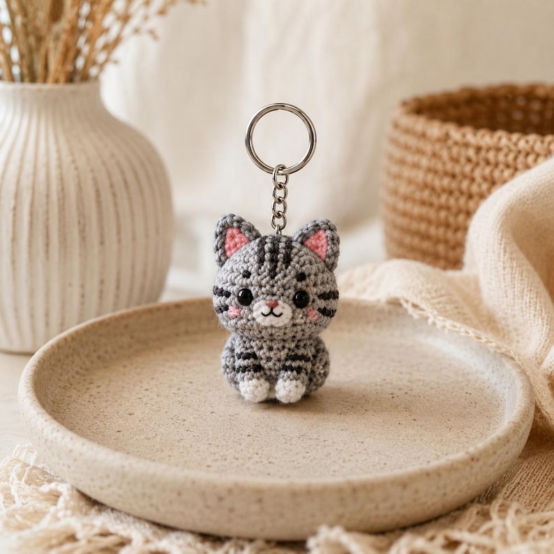 May include: A gray and white crocheted cat keychain featuring dark gray stripes, black bead eyes, pink stitched inner ears, and a small pink nose. The cat figure is attached to a silver-colored metal split ring by a short chain.
