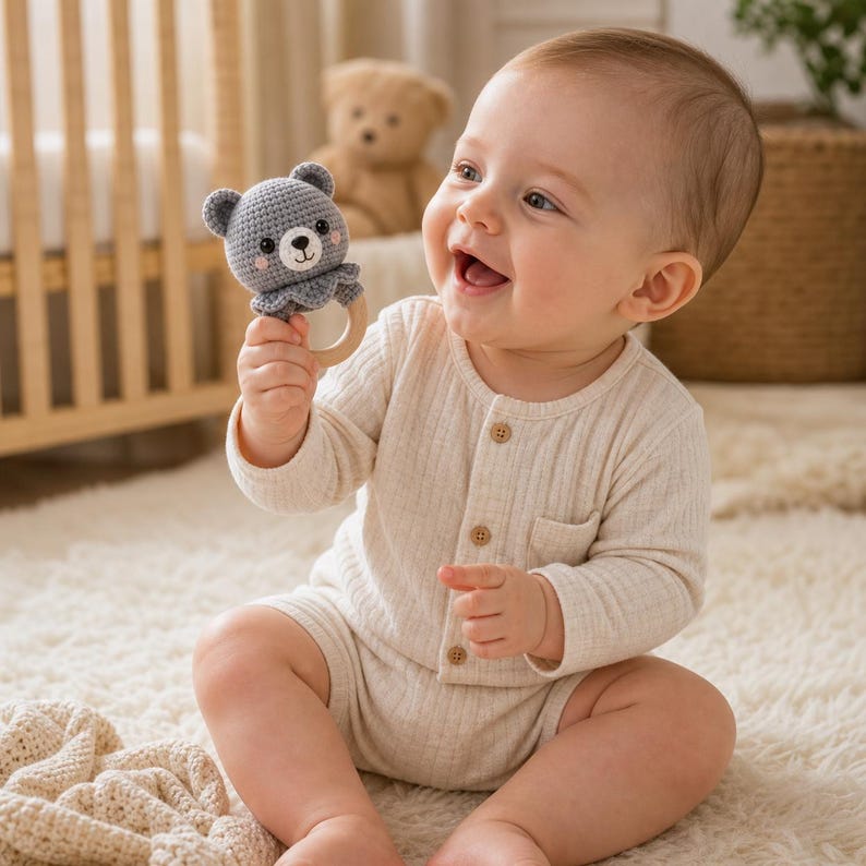 May include: A gray crocheted bear rattle with a wooden ring is held by a baby wearing a cream-colored ribbed onesie. The baby is smiling. A teddy bear and a crib are in the background.
