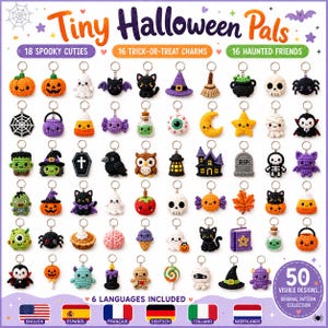 Könnte beinhalten: Eine Sammlung von 50 Häkel-Schlüsselanhänger-Designs mit dem Titel Tiny Halloween Pals, die verschiedene gruselige Figuren wie Kürbisse, Geister, Fledermäuse, Totenköpfe und Süßigkeiten zeigen. Das Set umfasst 18 gruselige Motive, 16 Anhänger und 16 Freunde.