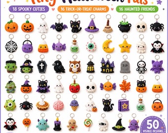 50 Halloween Crochet Keychain Patterns, Amigurumi Charms PDF, 6 Languages, Instant Download