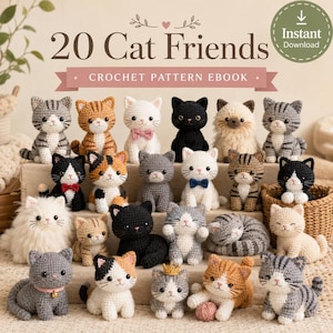 20 patrones de amigurumi de gatos de ganchillo en formato PDF, libro electrónico de muñecos de gatitos (descarga instantánea)