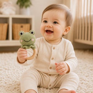 May include: A green crochet frog rattle with a wooden ring base. The frog has black eyes and pink cheeks. The baby is wearing a cream-colored ribbed onesie.