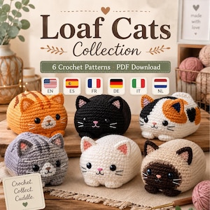 Virkmönsterpaket med Loaf Cat, 6 Amigurumi-katter, PDF på 6 språk, amerikanska termer