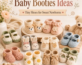 Libro electrónico con 10 patrones de patucos de bebé a crochet, disponible en 6 idiomas (descarga digital).