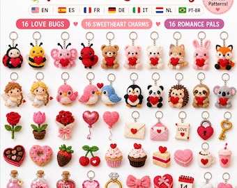 May include: A collection of 48 crochet patterns titled Valentine Love Cuties, featuring various amigurumi keychains including animals, hearts, flowers, sweets, and romantic symbols, all displayed in a grid with text labels for categories.