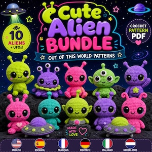 Op de afbeelding: Een digitale afbeelding met de tekst Cute Alien Bundle en Out of This World Patterns, met tien gehaakte alien-figuren in diverse kleuren zoals groen, paars en roze, samen met twee kleine gehaakte UFO's tegen een donkere, sterrenrijke achtergrond.