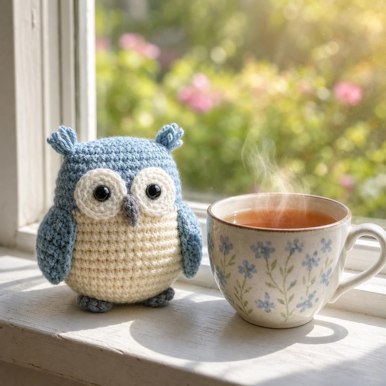 Puede incluir: Un b&uacute;ho de ganchillo azul y crema con grandes ojos blancos est&aacute; en un alf&eacute;izar junto a una taza de t&eacute; floral llena de t&eacute;. El vapor se eleva de la bebida caliente, sugiriendo una escena relajante.
