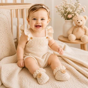 May include: A cream-colored knit romper featuring ruffled shoulder straps and two small wooden buttons at the chest. The outfit includes matching knit booties with a ruffled cuff and a single wooden button on each, plus a thin matching headband.