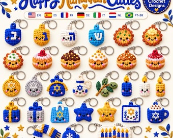 May include: A collection of 30 mini crochet keychains featuring Hanukkah-themed designs like dreidels, latkes, candles, and gifts. Each item has a smiling face and a metal keyring. The text reads Happy Hanukkah Cuties and Mini Crochet Keychain Ideas.