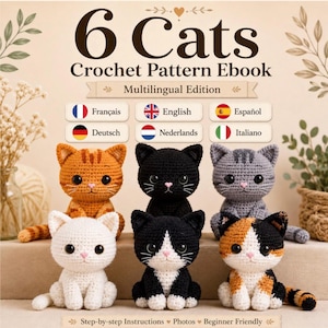 20 wzorów amigurumi dla kotów w formacie PDF, ebook o szydełkowaniu kotków w 6 językach, do pobrania natychmiast